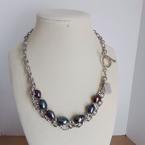 Stunning Silver and Genuine Peacock Black Pearl Necklace